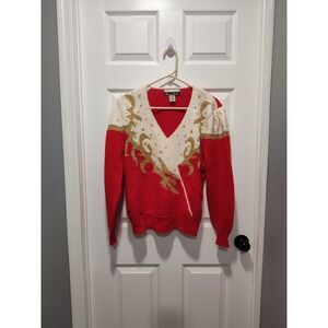 Vintage Dana Scott Sweater Womens Large‎ Red Gold Pullover Wrap V-Neck Holiday